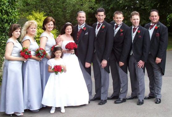 The wedding party: Nancy, Sue, Kelly, Alex, Shari, Steve (Zeus), Paul (Conan), Steve (Gunthor), Nick, James (Warlord Jaime)